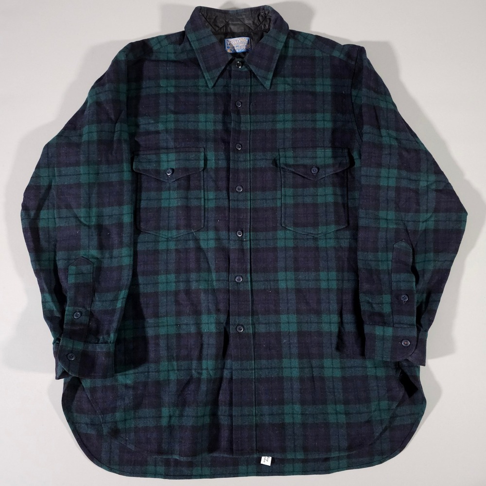 Pendleton Wool Flannel Shirt Mens 17.5 Green Blue Plaid Black Watch Vintage USA